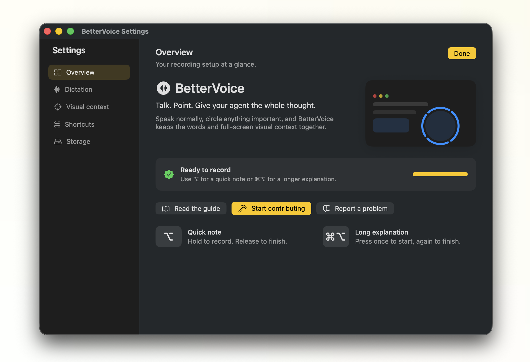 BetterVoice Settings overview showing dictation, visual context, and customizable shortcuts